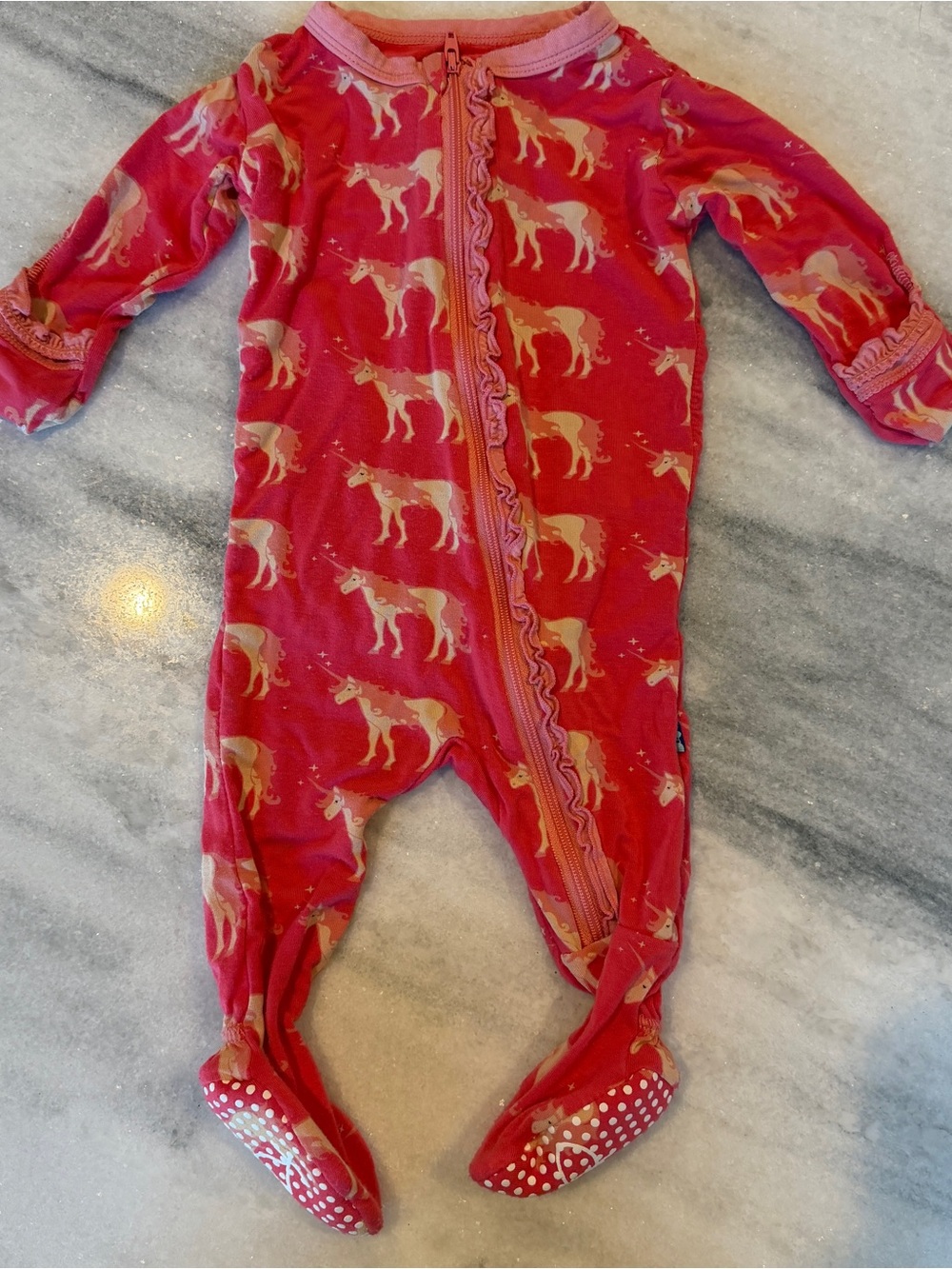 KicKee Pants Baby Girl 0-3M Pink Unicorn Viscose Zipper Footie Foldover Hands